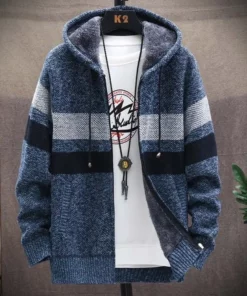 Striped Mens Sweater Coat Thick Fleece Warm Zipper Hooded Cardigan Jumpers