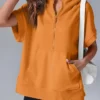 Oversized Casual Half Zip Short Sleeve Pullover Tops with Pockets