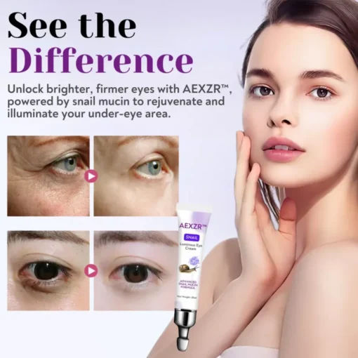 Before and after comparison using AEXZR™ Snail Luminous Eye Cream, illustrating visible reduction in dark circles and fine lines.