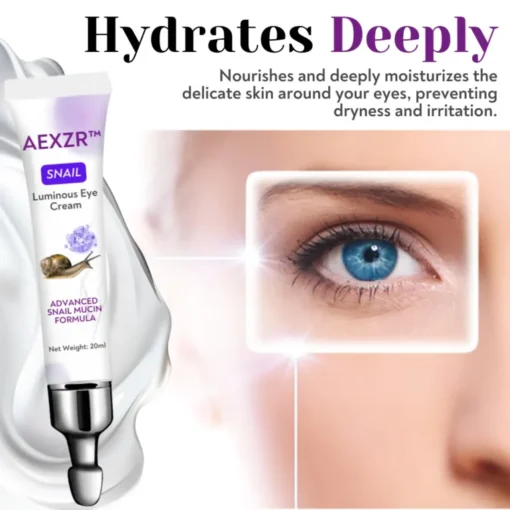 AEXZR™ Snail Luminous Eye Cream packaging and application, designed for sensitive skin, providing gentle care without irritation.