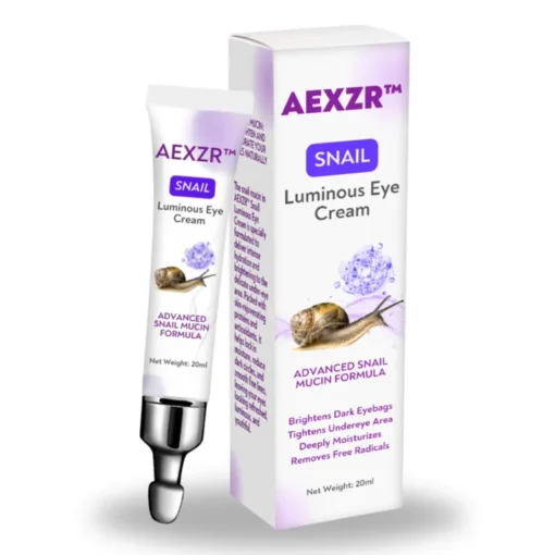 AEXZR™ Snail Luminous Eye Cream displayed with natural ingredients, emphasizing its ethically sourced components for skincare.