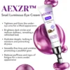 Close-up of AEXZR™ Snail Luminous Eye Cream being applied around the eyes, highlighting its moisturizing properties and lightweight absorption.