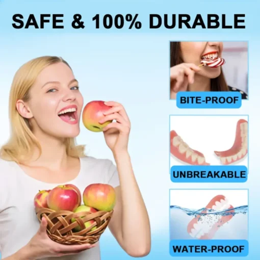 Experience 100% safe and durable Smilehpy™ dentures—bite-proof, unbreakable, and waterproof—ensuring long-lasting performance for your confident smile!