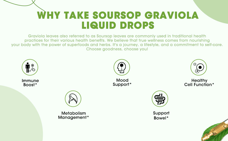 Easily incorporate Soursop Graviola Liquid Drops into your routine for a daily boost of wellness and energy.