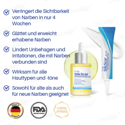 Reduzieren Sie die Sichtbarkeit von Narben mit dem Oveallgo™ SilkScar Narbenbehandlung & Hautreparatur-Serum für ein makelloses Hautbild!