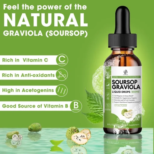 Soursop Graviola Liquid Drops offer an easy-to-take formula, perfect for mixing into your favorite drinks for added wellness.