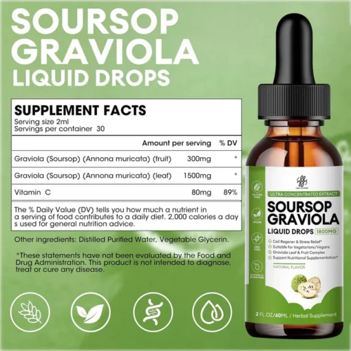 With 1800mg of potent Soursop, Soursop Graviola Liquid Drops provide a convenient way to boost your daily nutrient intake.