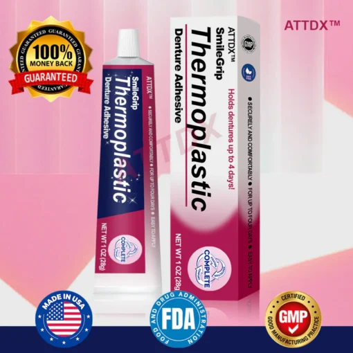 ATTDX™ SmileGrip Thermoplastic Denture Adhesive features a quick application for effortless integration into your daily routine.