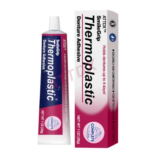 ATTDX™ SmileGrip Thermoplastic Denture Adhesive provides strong hold for up to 4 days, ensuring lasting security for your dentures.