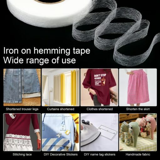 Easily use Fabric Fusing Tape for hemming, patching, and crafting without the need for sewing, offering secure and long-lasting results.