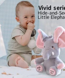 Peekaboo Elephant interactive plush toy with moving ears and musical tunes for babies.