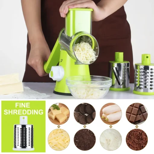 The ergonomic design of the Rotary Vegetable Grater allows for comfortable use and safe, efficient food prep.