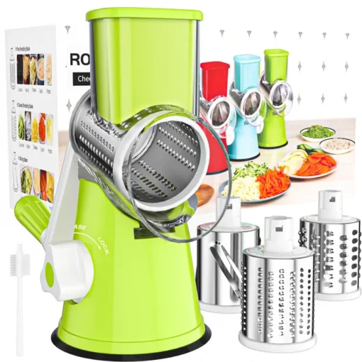 Use the Rotary Vegetable Grater safely with its protective handle and food pusher, keeping hands away from sharp blades.