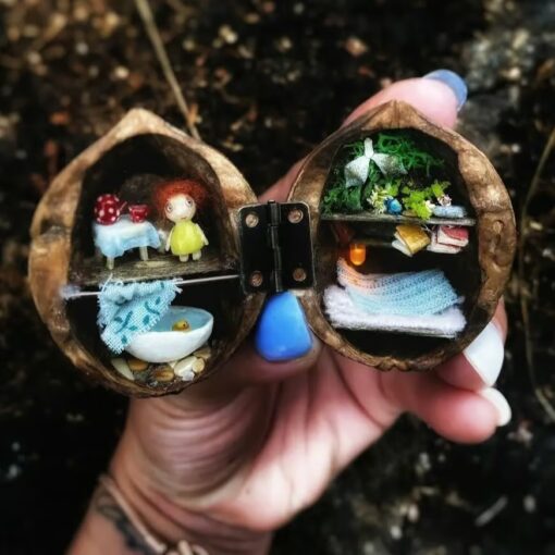 Eco-friendly Walnut Shell Doll House with unique handmade features, a must-have for nature lovers.