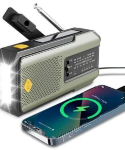 Hand-Crank Solar Radio with solar panel charging option, perfect for camping and survival situations.