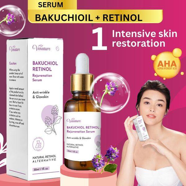 Venature™ Bakuchiol Retinol Rejuvenation Serum reduces wrinkles and deeply moisturizes the skin.